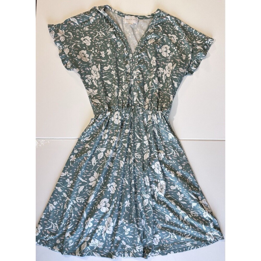 French Grey Floral Dress Womens Large Green Cottagecore Tie Waist Boho